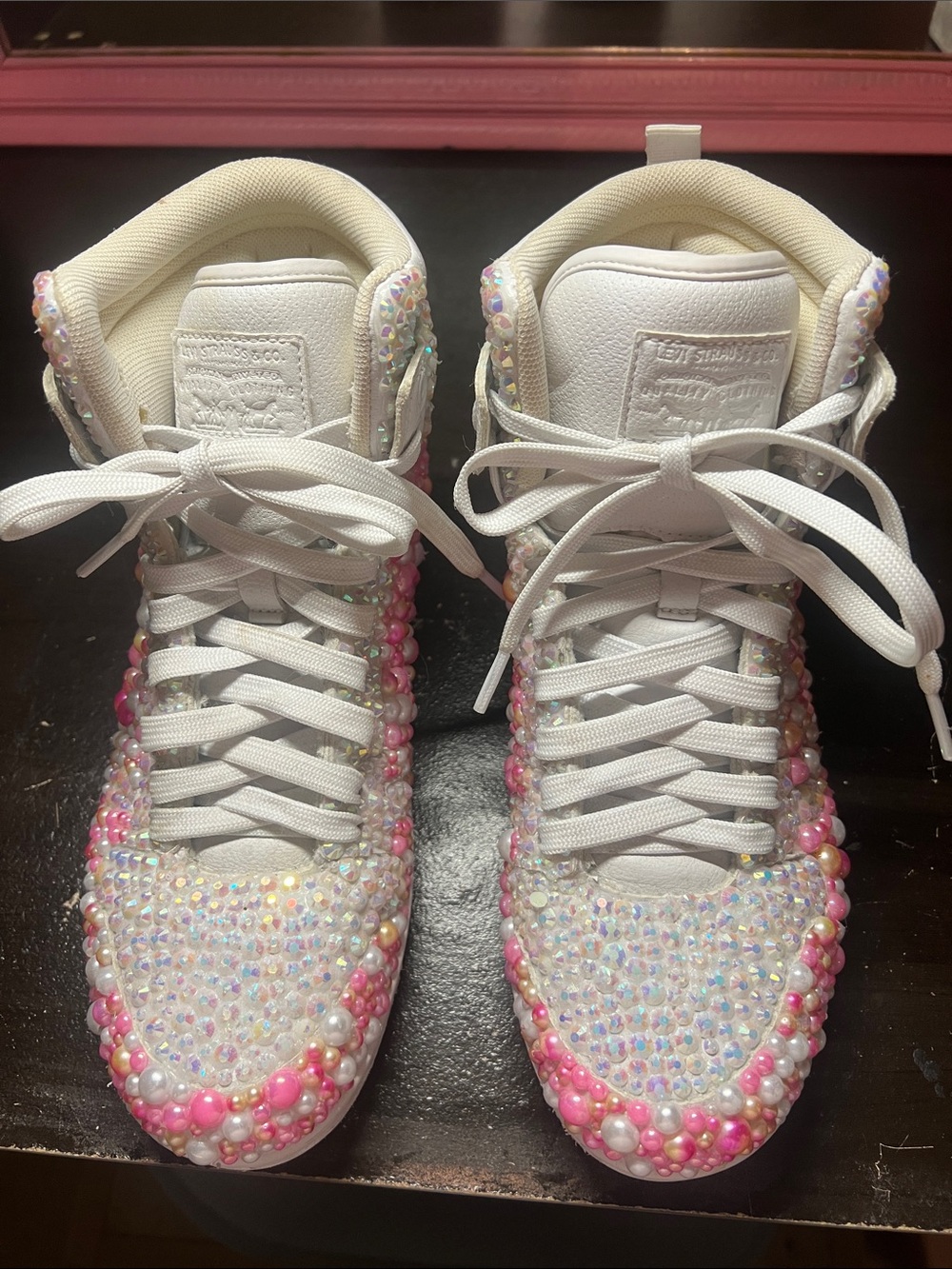 Levi's White High-Top Sneakers with Pink & Pearl Embellishments
